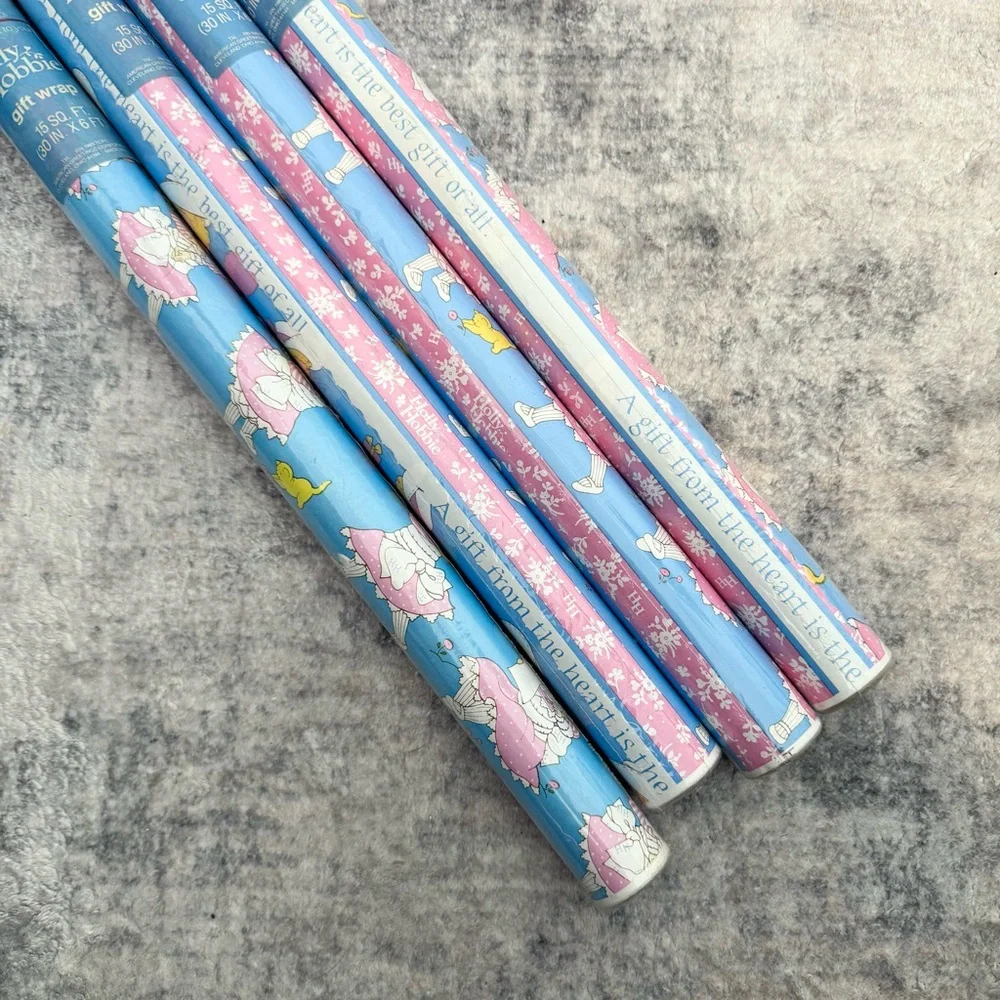 NIP Vintage HOLLY HOBBIE 4 rolls of Gift Wrap - Blue and Pink